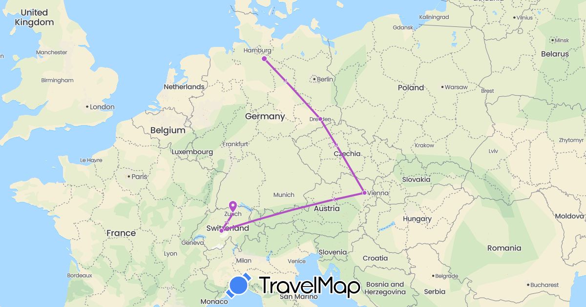 TravelMap itinerary: driving, train in Austria, Switzerland, Germany (Europe)